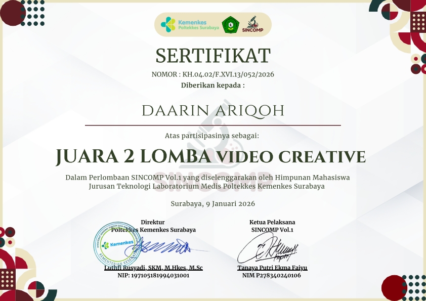 Juara 2 SINCOMP Vol.1 (Seminar Ilmiah Teknologi Laboratorium Medis and Competition)